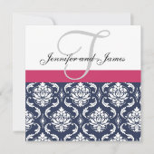 Damask Monogram Blue Pink White Wedding Invitation Kaart (Voorkant)