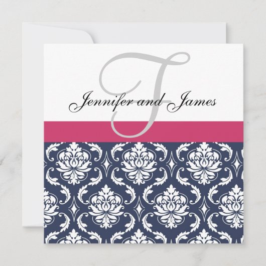 Damask Monogram Blue Pink White Wedding Invitation Kaart (Voorkant)