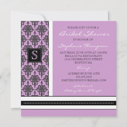  Damask Monogram Bridal Shower Invitation Kaart (Voorkant)