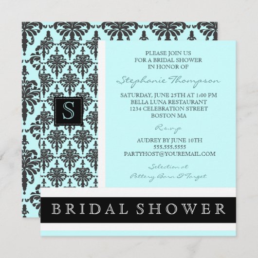 Damask Monogram Bridal Shower Invitation Kaart (Voorkant / Achterkant)