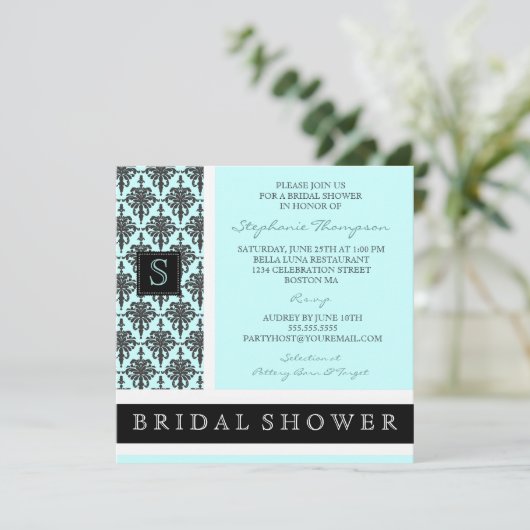  Damask Monogram Bridal Shower Invitation Kaart (Staand voorkant)