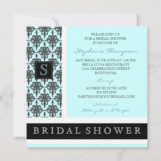  Damask Monogram Bridal Shower Invitation Kaart (Voorkant)