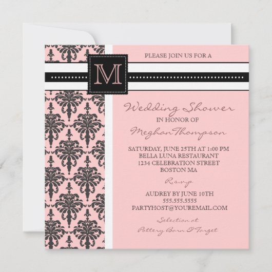 Damask Monogram Bridal Shower Invitation Kaart (Voorkant)