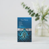 DAMASK MONOGRAM gem blauw wit lint Visitekaartje (Staand voorkant)