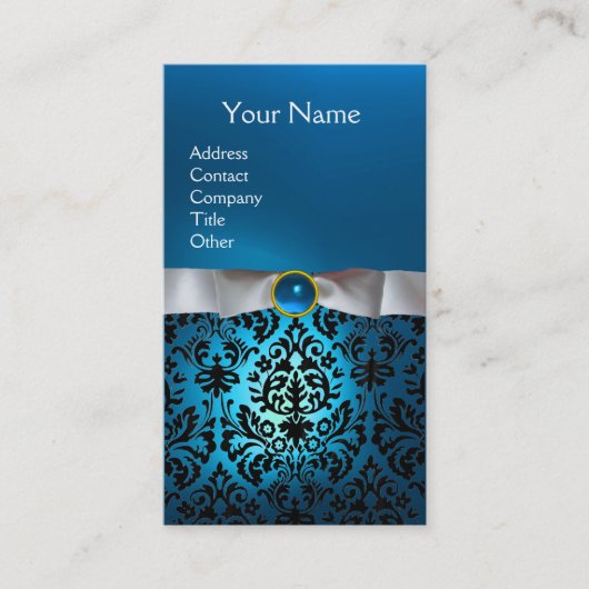 DAMASK MONOGRAM gem blauw wit lint Visitekaartje (Voorkant)