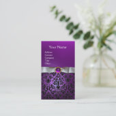 DAMASK MONOGRAM gem paarse witte lint Visitekaartje (Staand voorkant)