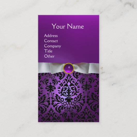 DAMASK MONOGRAM gem paarse witte lint Visitekaartje (Voorkant)
