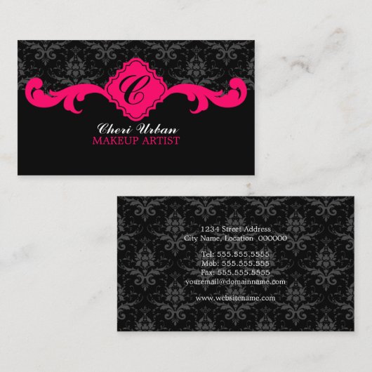 Damask Monogram Heet Roze Visitekaartje (Voorkant / Achterkant)
