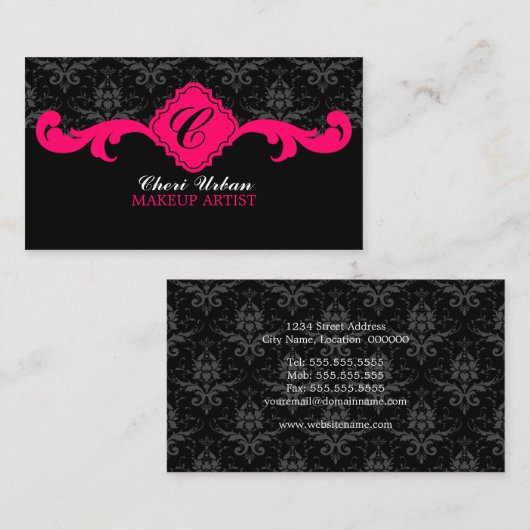 Damask Monogram Hot Pink Visitekaartje (Voorkant / Achterkant)