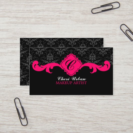 Damask Monogram Hot Pink Visitekaartje (Voorkant / Achterkant in situ)