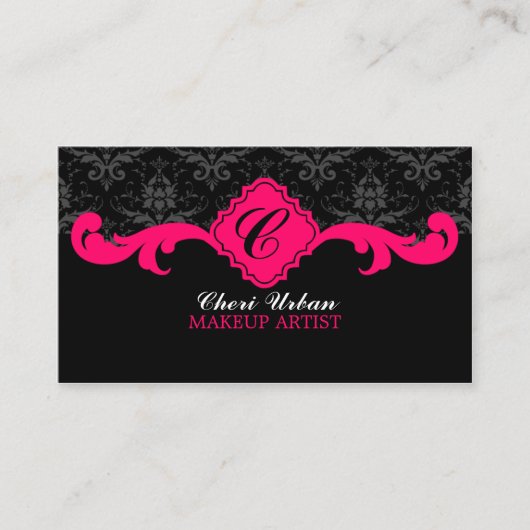 Damask Monogram Hot Pink Visitekaartje (Voorkant)