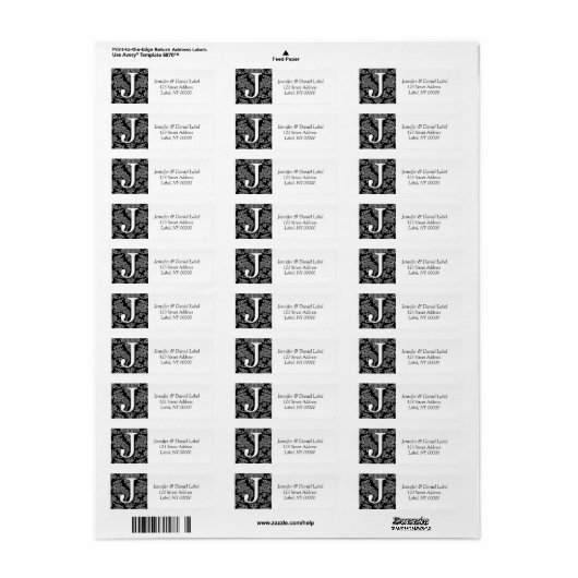 Damask Monogram J Return Address Labels (Full Sheet)