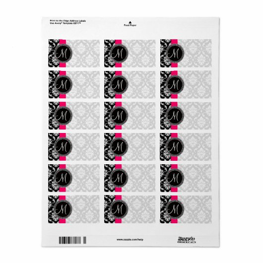 Damask Monogram Labels Roze voor Bruiloften (Full Sheet)