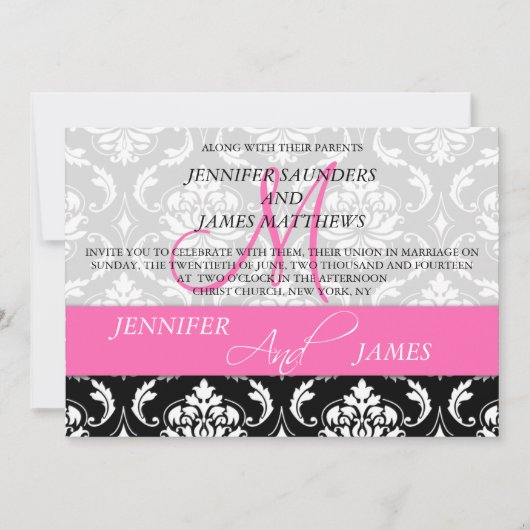 Damask Monogram Names Hot Pink Weddenschap Kaart (Voorkant)