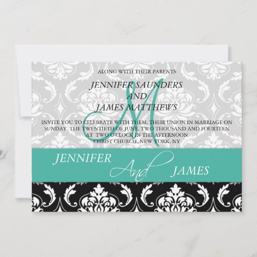 Damask Monogram Names Turquoise Wedding Invitation Kaart (Voorkant)