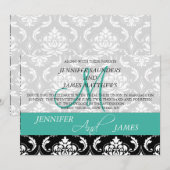 Damask Monogram Names Turquoise Wedding Invitation Kaart (Voorkant / Achterkant)