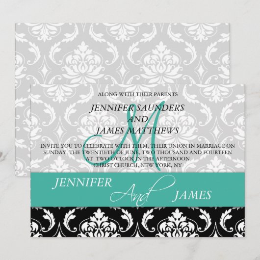 Damask Monogram Names Turquoise Wedding Invitation Kaart (Voorkant / Achterkant)