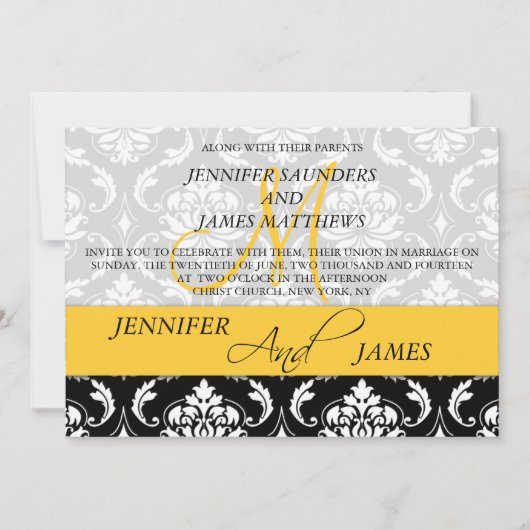 Damask Monogram Names Yellow Wedding Invitation Kaart (Voorkant)