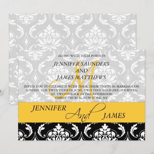 Damask Monogram Names Yellow Wedding Invitation Kaart (Voorkant / Achterkant)