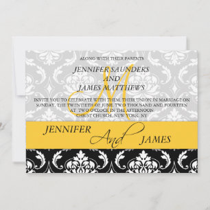 Damask Monogram Names Yellow Wedding Invitation Kaart
