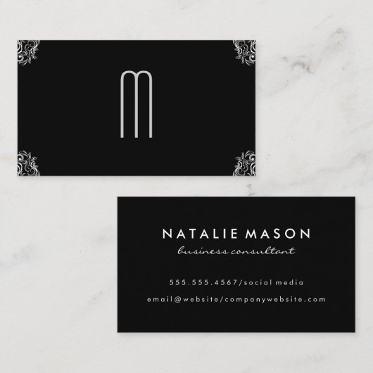 Damask Monogram op Black Visitekaartje (Voorkant / Achterkant)