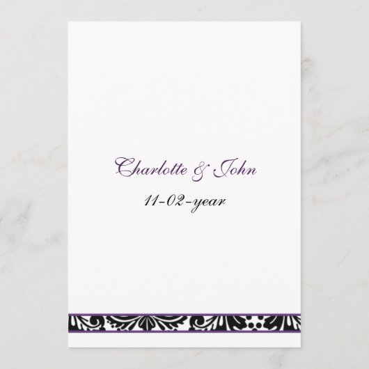 damask monogram paars trouwmenu menu (Achterkant)