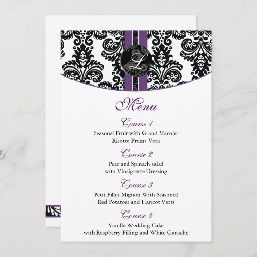 damask monogram paars trouwmenu menu (Voorkant / Achterkant)