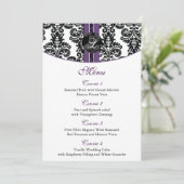 damask monogram paars trouwmenu menu (Staand voorkant)