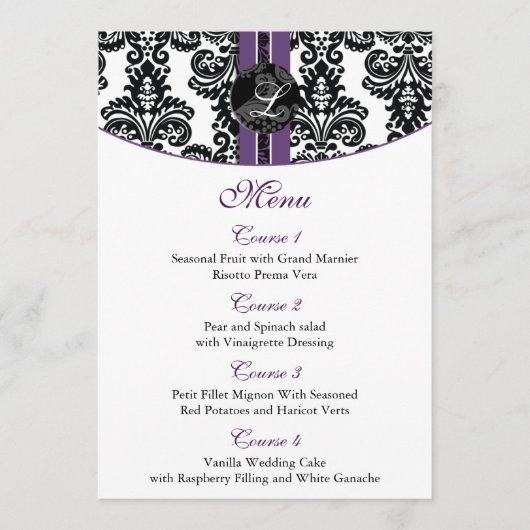 damask monogram paars trouwmenu menu (Voorkant)