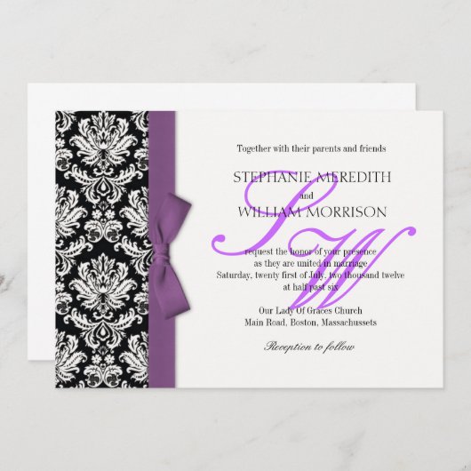 Damask Monogram Paarse Bow Wedding Invitation Kaart (Voorkant / Achterkant)