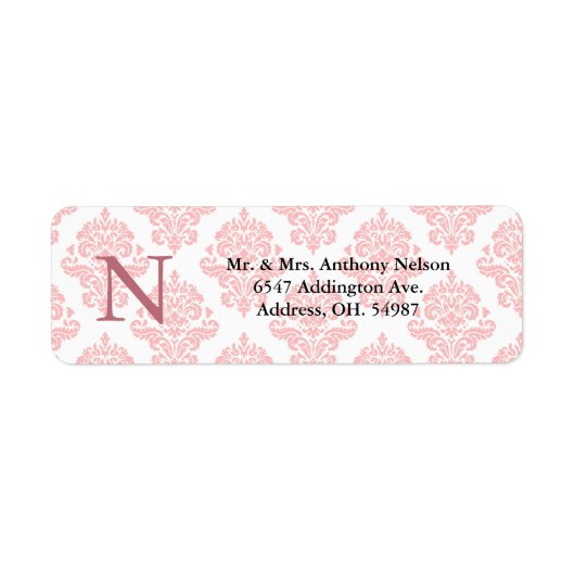 Damask Monogram Pastel Roze Return Address Etiket (Voorkant)