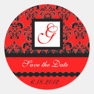 DAMASK MONOGRAM, rood zwart wit Ronde Sticker