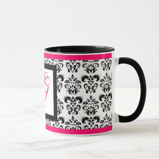 DAMASK MONOGRAM, Roze Fuchsia Zwart Wit Bloemen Mok (Rechts)