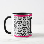 DAMASK MONOGRAM, Roze Fuchsia Zwart Wit Bloemen Mok (Links)