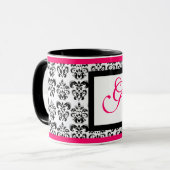 DAMASK MONOGRAM, Roze Fuchsia Zwart Wit Bloemen Mok (Voorkant links)