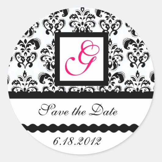 DAMASK MONOGRAM, roze fuchsie Ronde Sticker (Voorkant)
