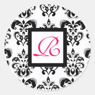 DAMASK MONOGRAM, roze fuchsie Ronde Sticker