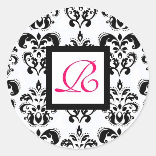 DAMASK MONOGRAM, roze fuchsie Ronde Sticker (Voorkant)