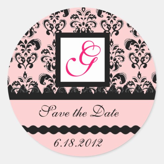 DAMASK MONOGRAM, roze fuchsie Ronde Sticker (Voorkant)