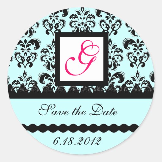 DAMASK MONOGRAM, roze fuchsienblauw Ronde Sticker (Voorkant)