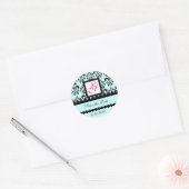 DAMASK MONOGRAM, roze fuchsienblauw Ronde Sticker (Envelop)