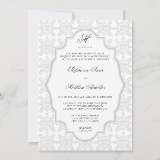 Damask Monogram Silver Gray Wedding Invitation Kaart (Voorkant)