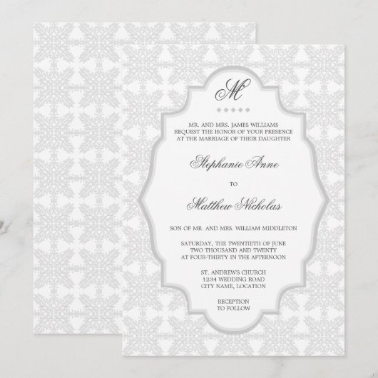Damask Monogram Silver Gray Wedding Invitation Kaart (Voorkant / Achterkant)