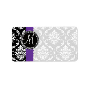 Damask Monogram Stippen Labels Paarse