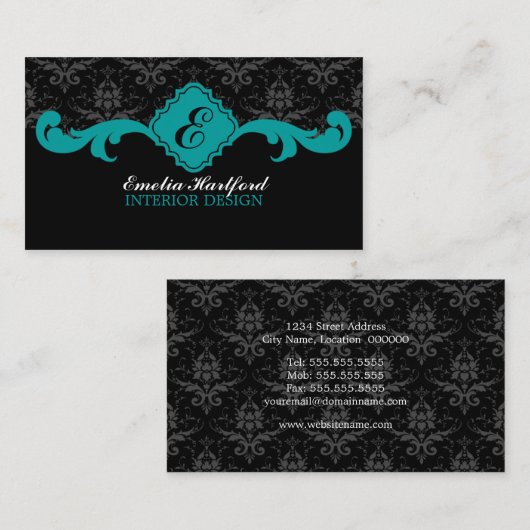 Damask Monogram Teal Visitekaartjes (Voorkant / Achterkant)