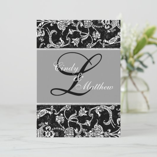 Damask Monogram Uitnodiging (Staand voorkant)