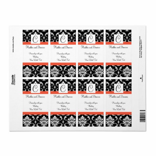 Damask Monogram Weddenschap Wine Label Papaya (Full Sheet)