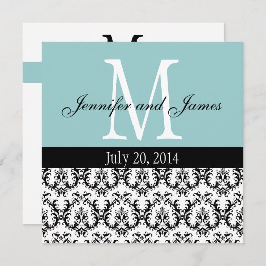 Damask Monogram Wedding Invitation Blue Kaart (Voorkant / Achterkant)