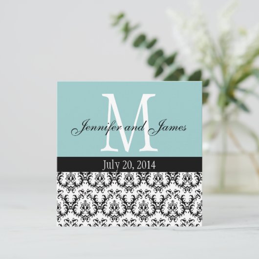 Damask Monogram Wedding Invitation Blue Kaart (Staand voorkant)