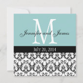 Damask Monogram Wedding Invitation Blue Kaart (Voorkant)